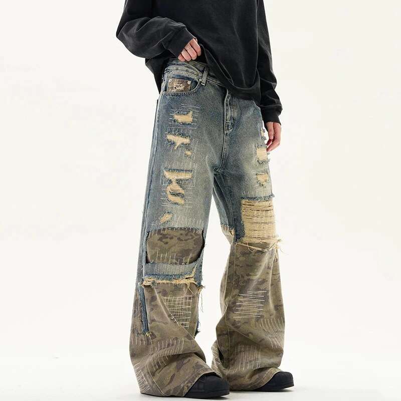 BeatStreet High Street Džíny pro muže a ženy Výšivka Crewel Kamufláž Patchwork Design s dírami Niche Praní Volné Džínové kalhoty Nové