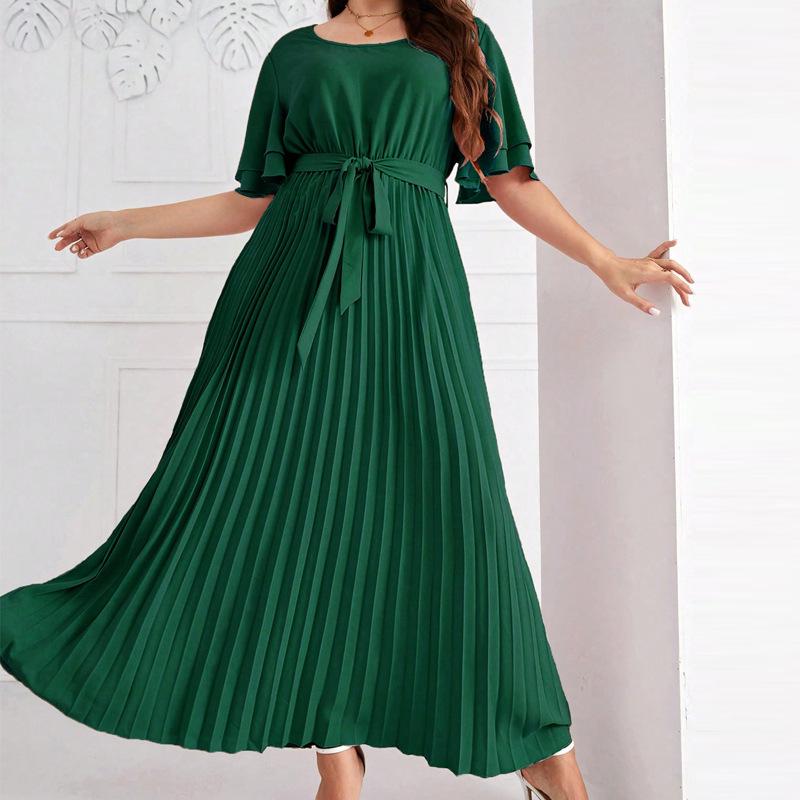 Elegant Long Swing Dress with Square Neck and Lace-up Design - Short Sleeve, Slimming, Pleated for Spring, Summer, Autumn