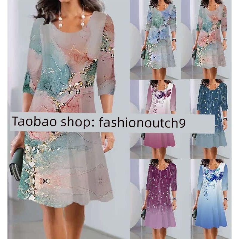 

2024 Printed Long Sleeve round Neck Dress Dress Figure 4 L