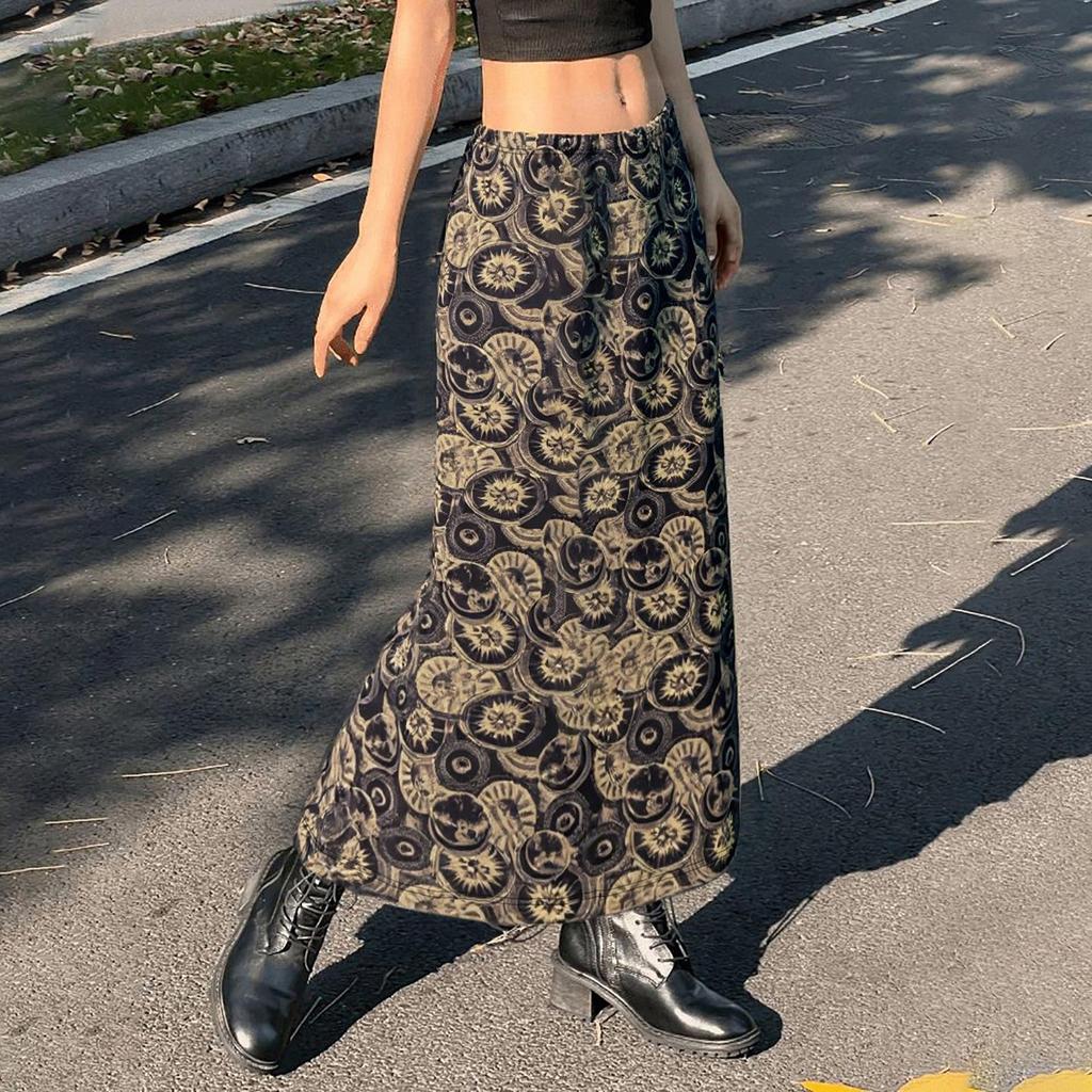 2025 Autumn American Retro Round Print High Waist Slimming Long Skirt