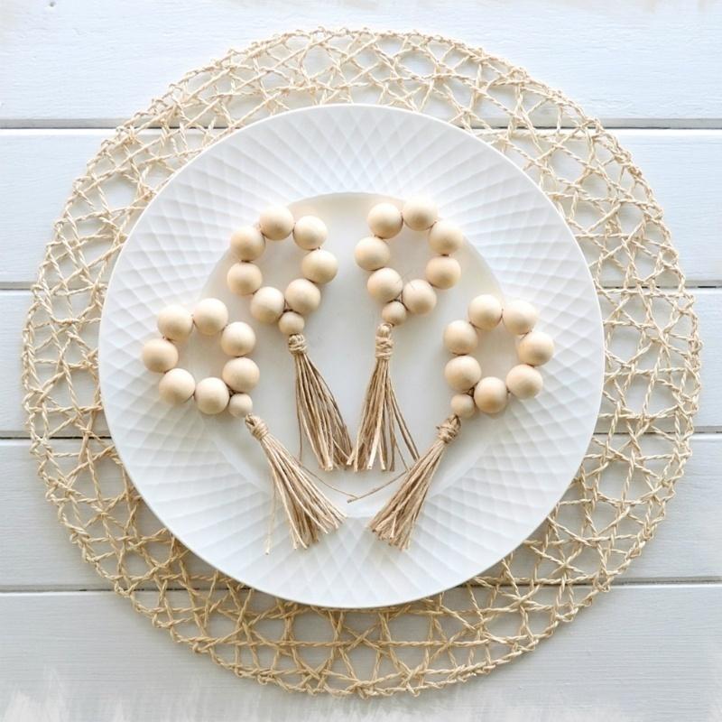 4Pcs Natural Wooden Bead Napkin Rings for Weddings Home Decor