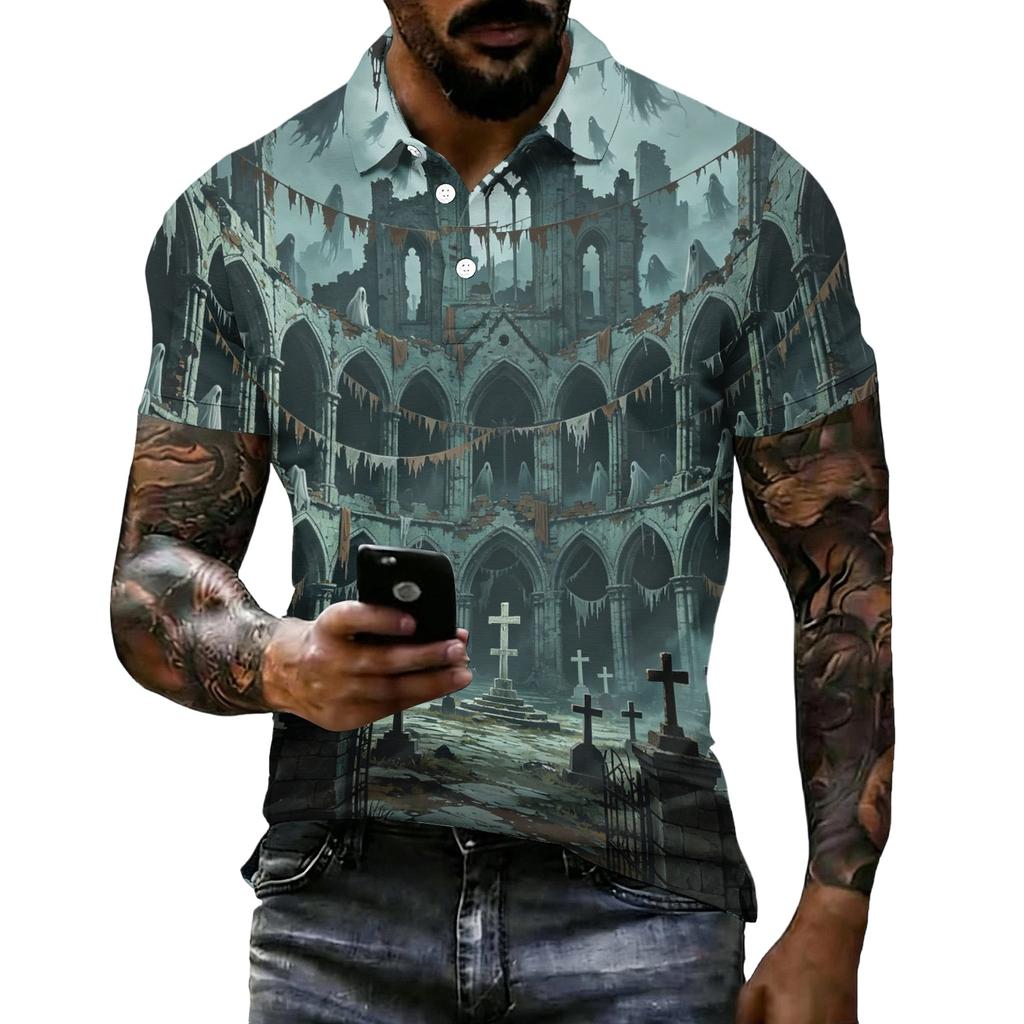 Men's Halloween Print Vintage Texture Short Sleeve Polo Shirt Loose Breathable Summer Sports Street Casual Daily Wear Top