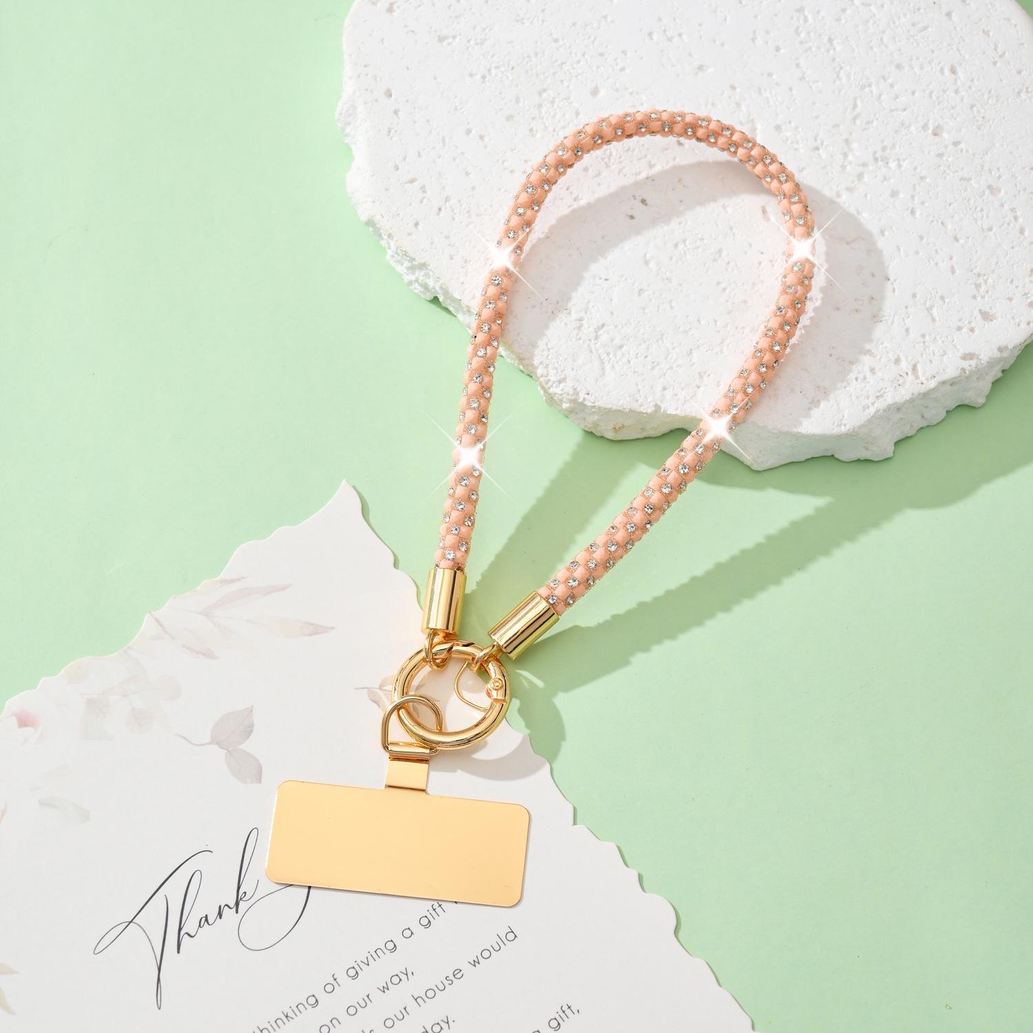 

Rhinestone Mobile Phone Charm with Gold Hardware Lanyard - Shiny Wrist Accessory for Women