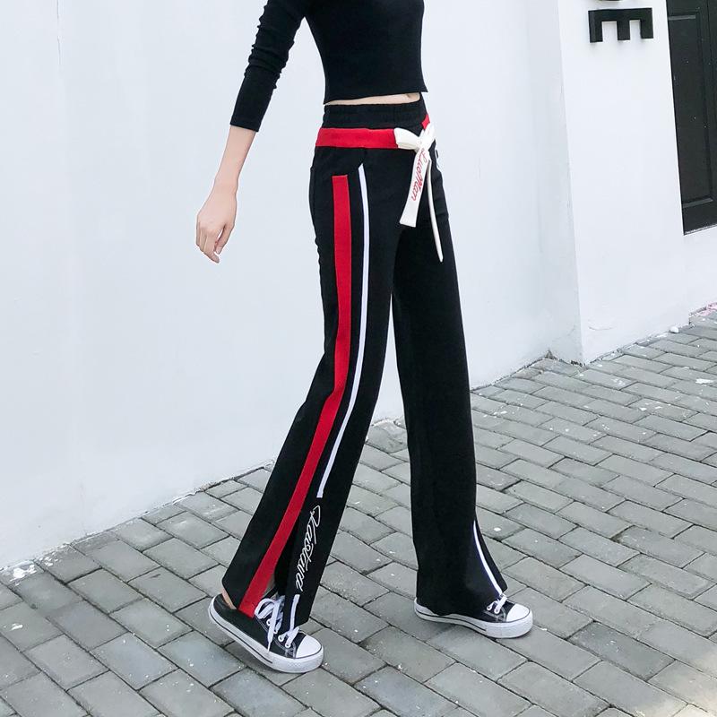 Contrast Color Wide-leg Pants Women's Spring and Autumn Loose Straight Casual Pants High Waist Split-ended Drape Thin Sports Trousers