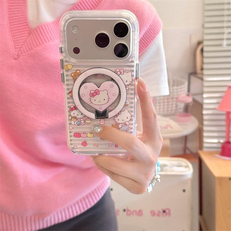 Pink Striped Little Panda iPhone 17/16 Pro Max/15/14 Girly Magnetic Case