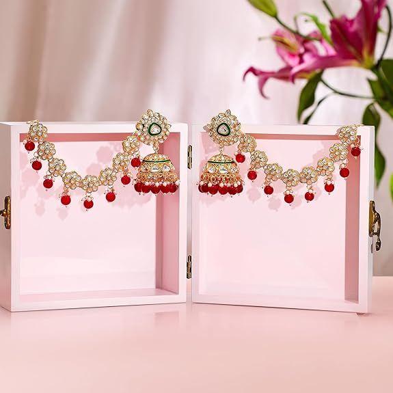 

Позолоченные 22 карата серьги-кан-цепочки с кунданами, бусинами и зеленой эмалью - Длинные серьги-цепочки для женщин и девушек