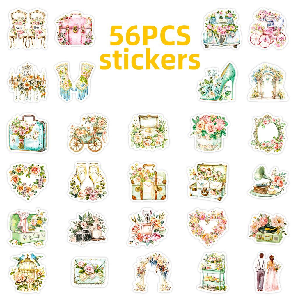 New 56 Small Fresh Retro Wedding Flowers Stickers Watercolor Flowers Wedding Creative Decoration Materials Stickers