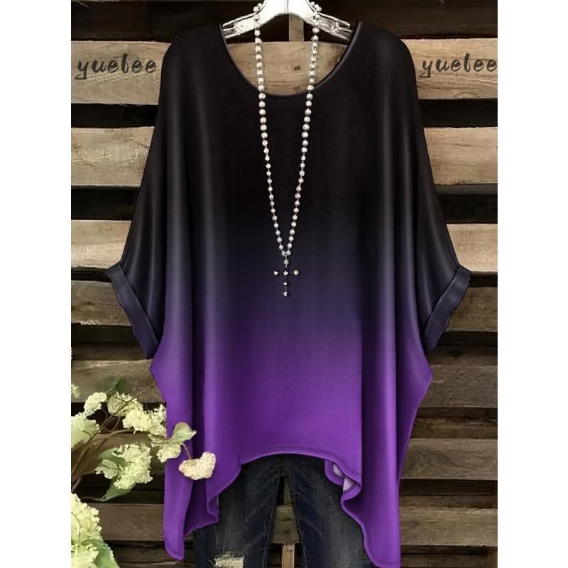 Women 's T-Shirt Simple Color Gradient Print Elegant Irregular Hem O- Neck Women's Clothing T-Shirt Vacation Clothes for Woman