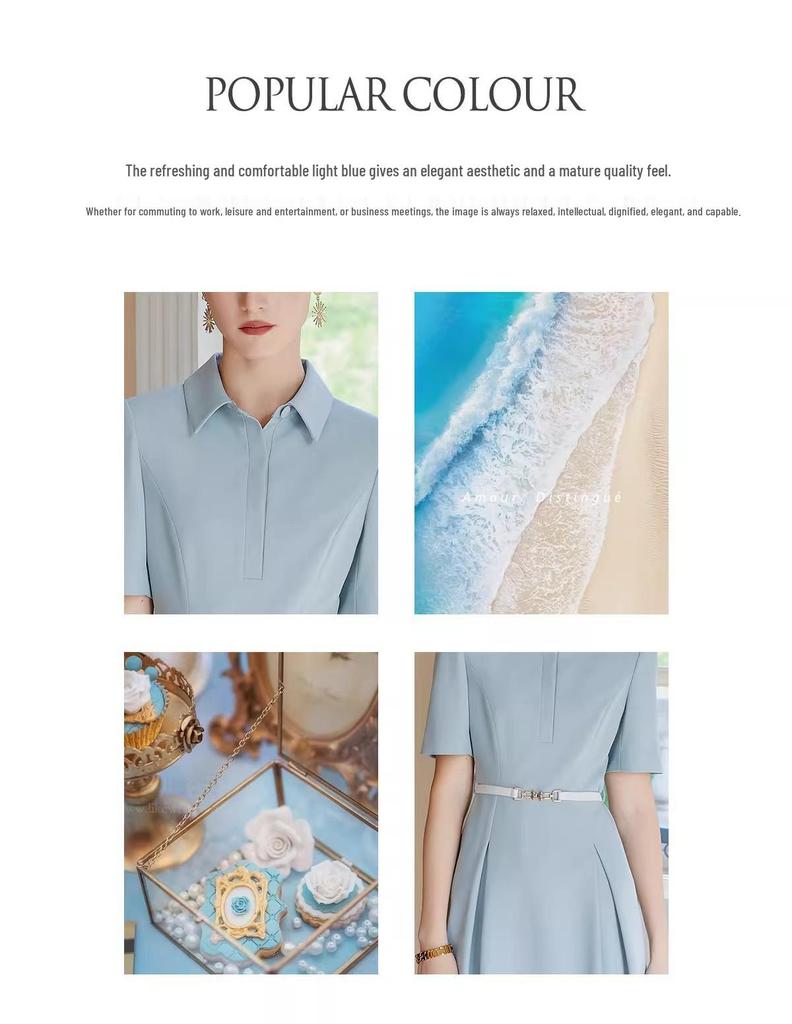 2024 Women's Blue Stand-Up Collar Short-Sleeve Shirt Dress for Office Commute