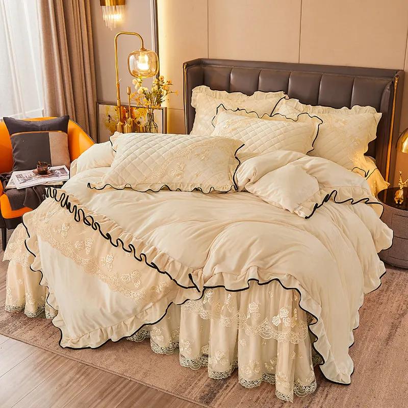 AI WINSURE-French 4pcs Bedding Set, Velvet Duvet Cover, Lace Bedspread, Queen Double King Size, Luxury, Soft Thick, for Winter