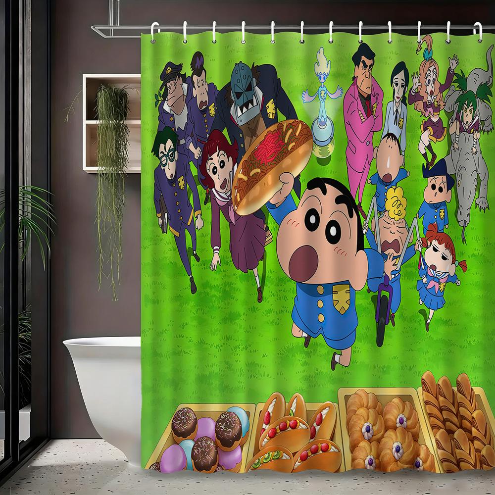 Crayon Shin-Chan & Himawari Superhero Press Conference Scene 2D Print Waterproof Shower Curtain, Blue Cityscape Bathroom Decor W