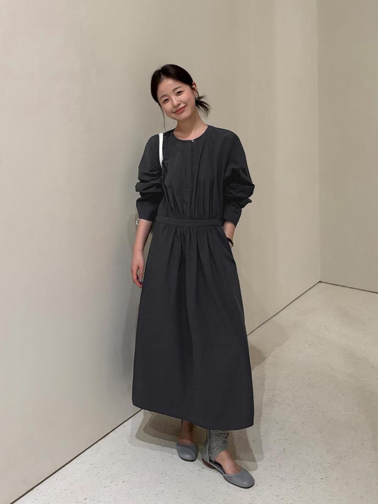 TG Minimalist Cotton-Feel Round Neck Long Sleeve Dress - 2026 Gentle Korean Style with Large Hem