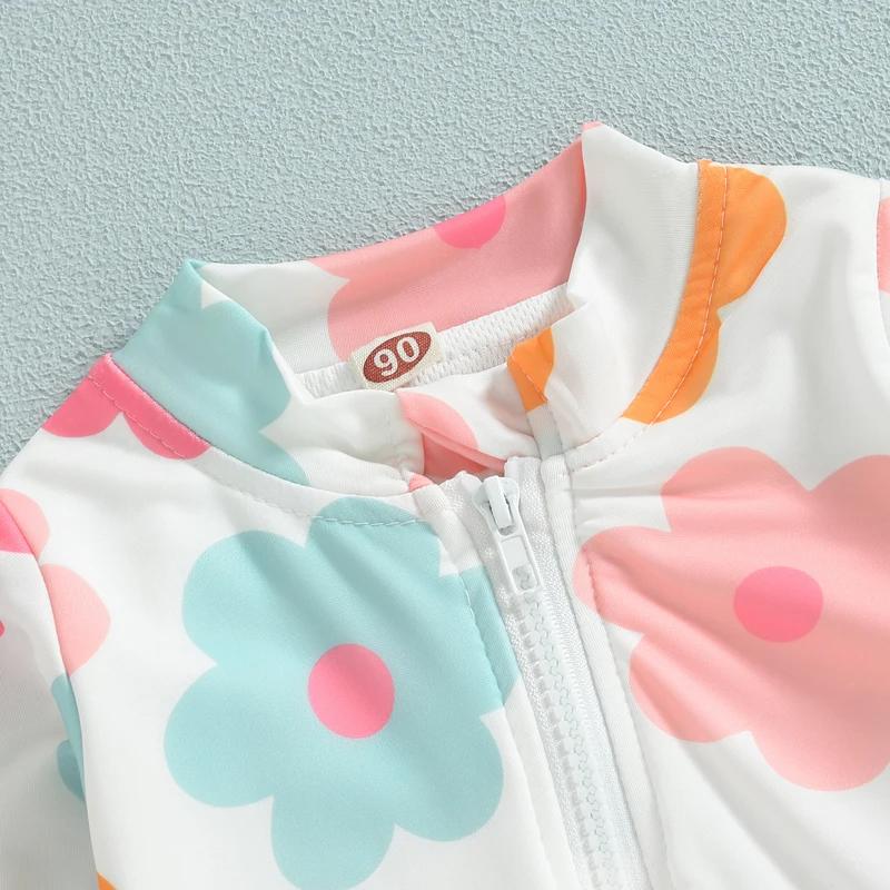 Kids Baby Girl Swimsuits Summer 2024 Floral Long Sleeve Zipper Ruffles Jumpsuit Swimwear Beachwear Bathing Suits