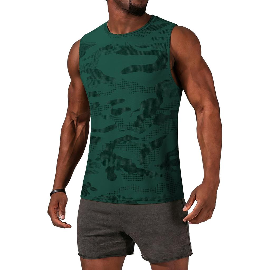 Men Sleeveless Athletic Tank Top Crew Neck Camo Print Lightweight Breathable Quick Dry Sports Shirt for Training Running Gym
