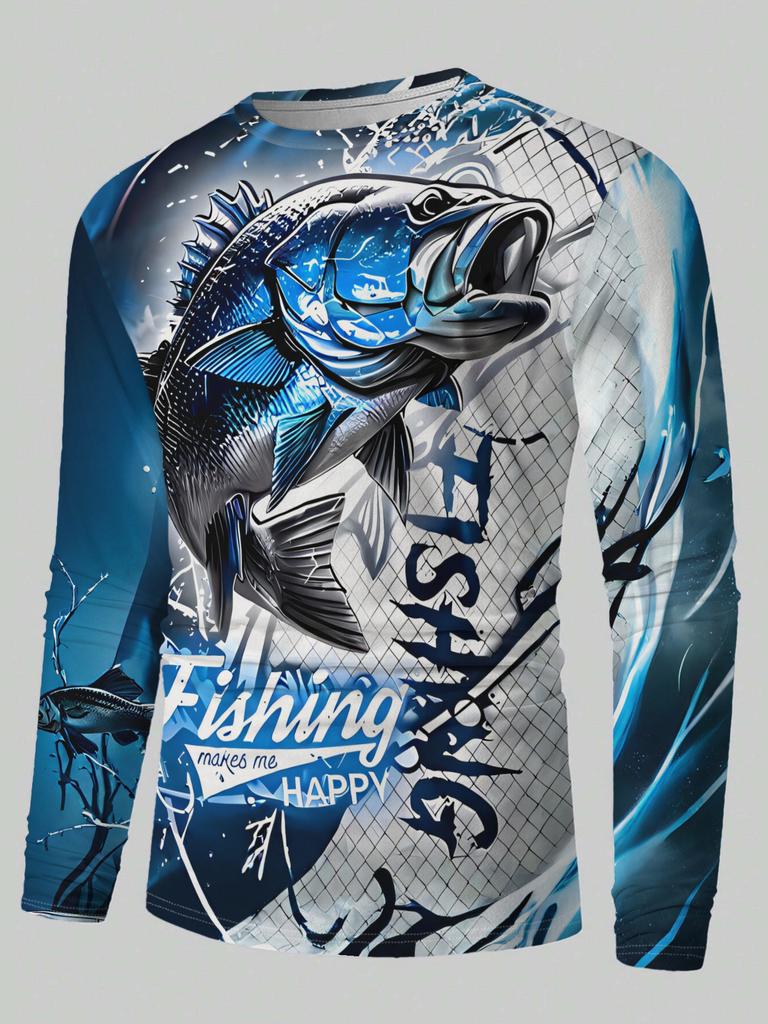 T-shirt a maniche lunghe da uomo per la pesca al basso con grafica 3D Rossa Nera Girocollo Casual Streetwear Tee abbigliamento club di pesca