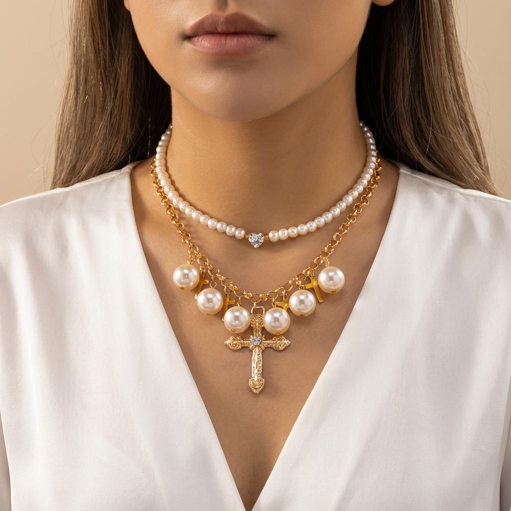 Luxury Baroque Imitation Pearl Cross Zircon Layered Necklace for Women Y2K Vintage Gold Plated Chain Choker Party Jewelry Gift