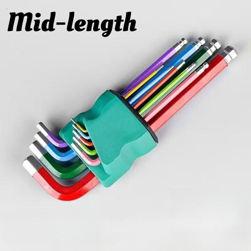9pcs Industrial Ball End Hex Key Set, S2 Steel Color Coded Allen Wrenches for Automotive Repair, Machinery, Bike Maintenance Mid-length