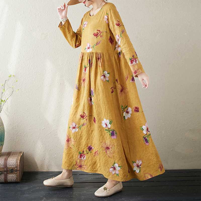 New Color Round Neck Retro Long Skirt Cotton Linen Dress