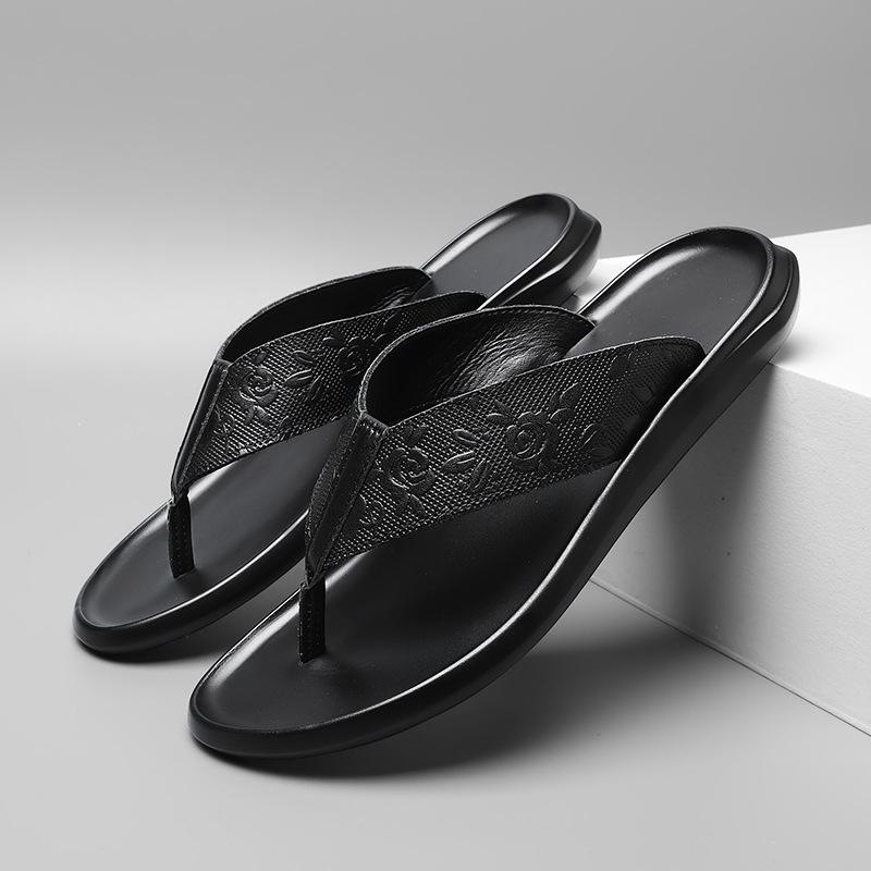 Men's Genuine Leather Toe Post Flip-Flops: Casual Embossed Summer Sandals
