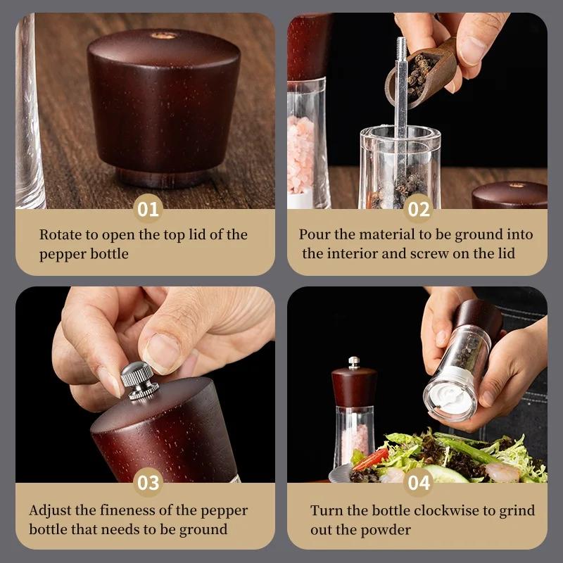 Transparent Acrylic Pepper Grinder Set With Base,Manual Solid Wood Head Rose Sea Salt Pepper Mills Western Seasoning Grinding