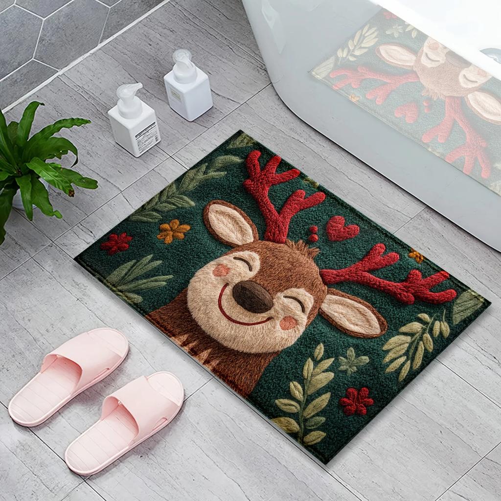1PCS Fluffy Christmas Deer Microfiber Bath Mat - Quick-Dry & Absorbent, Festive Holiday Design with Red Berries & Green Leaves