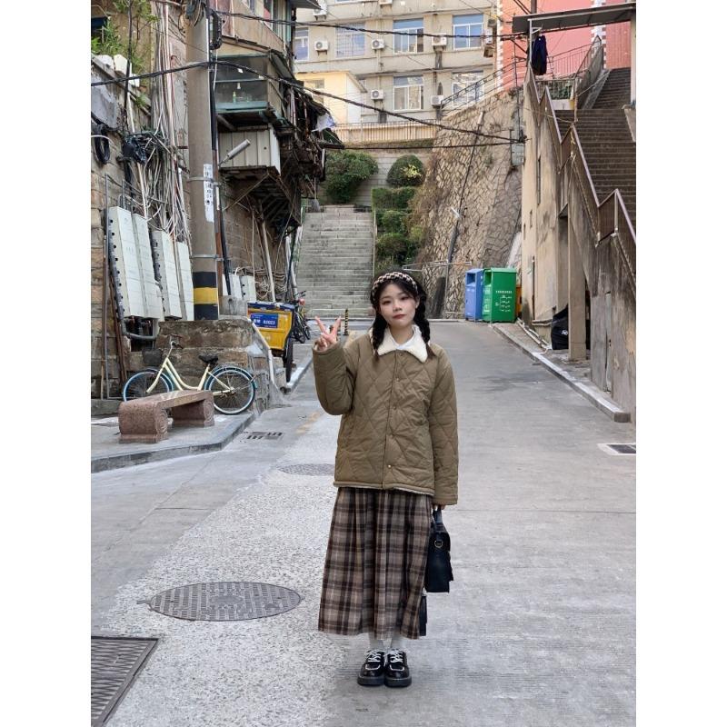 Japanese Preppy Style Autumn Winter Women Brown Plaid Skirt Elastic Waist Thicken Woolen Warm Skirt Elegant Wool Basic A-Line Skirt