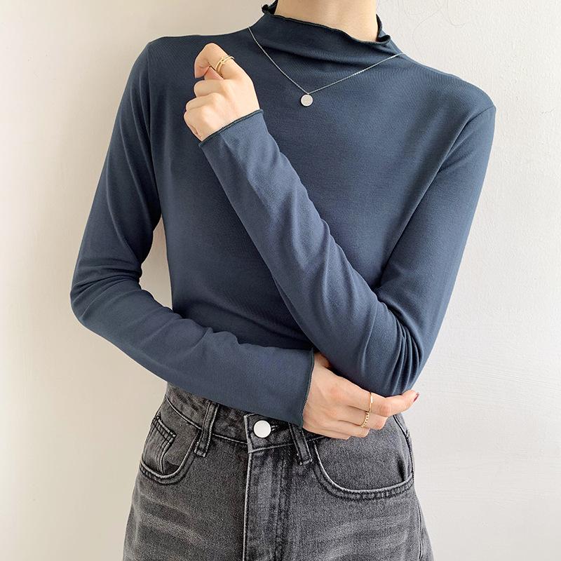 

Modal half turtleneck undershirt women spring and autumn winter new white long-sleeved T-shirt wooden ear edge foreign air inside the top S