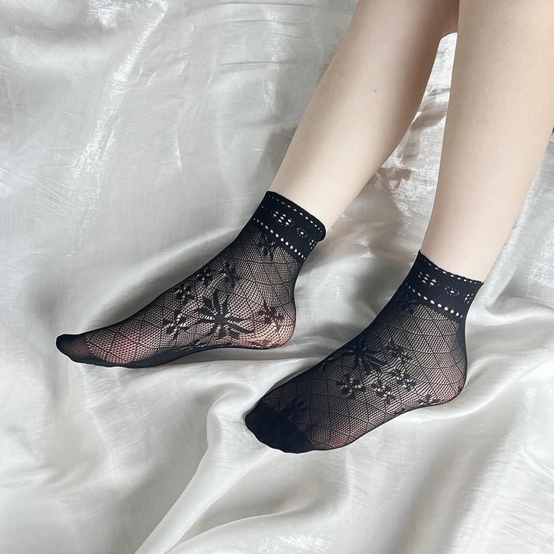 Calzini da donna in rete nera a pois con pizzo - Estivi, Sottili, Corti e Casual