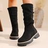 Women's Wide Width Knee High Boots, Chunky Heel Pull-On Winter Boots, European Style Simple Fashion High Boots