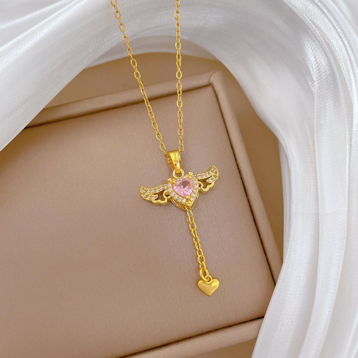 

Sweet Can Move Pink Zircon Heart with Wings Tassel Pendant Necklaces for Women Girls Romantic Stainless Steel Chain Jewelry Gift