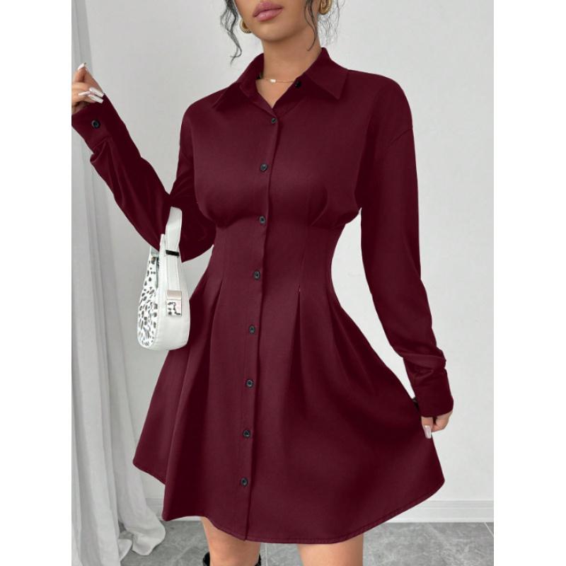 Women's Elegant Turn Down Collar Long Sleeve Knee-Length Button Down Shirt Dress Slim Waist Pleated Mini Dresses