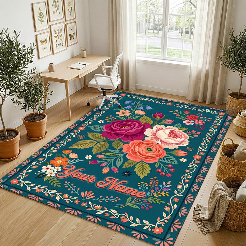 Floral Garden Theme Crystal Velvet Rug Personalized Custom Name Text Soft Floor Mat Home Decor
