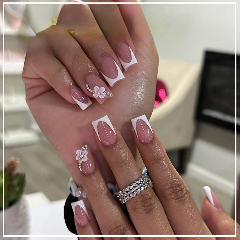 24pcs Short Square Pink Simple French False Nails with Glue Pearl Bow Design False Nails Press on Nails Full Cover Nail Tips Art