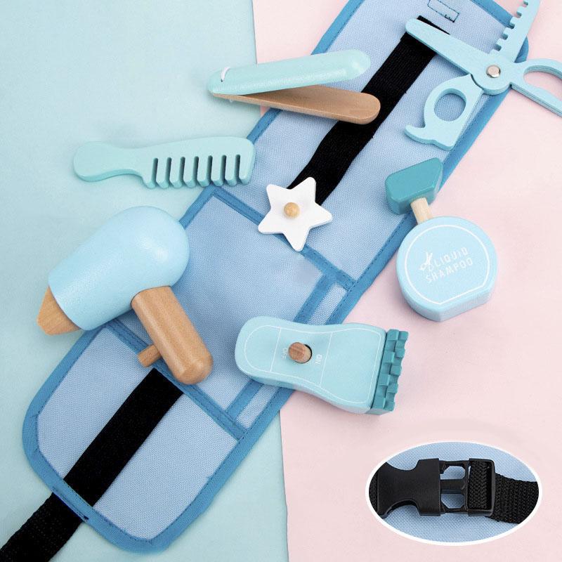 Kids Pretend Play Toy Wooden Simulation Hair Cutting Bag Role Playing Educational Toys 3-6 Year Old Children's Waist Bag Set
