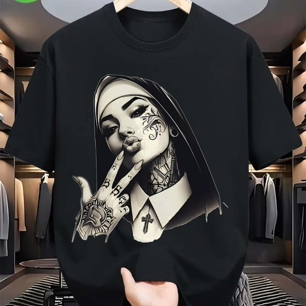 Tattooed Nun Graphic Print Men's T-shirt Summer Fashion Casual Loose Short Sleeves Men's and Women's Tees Top