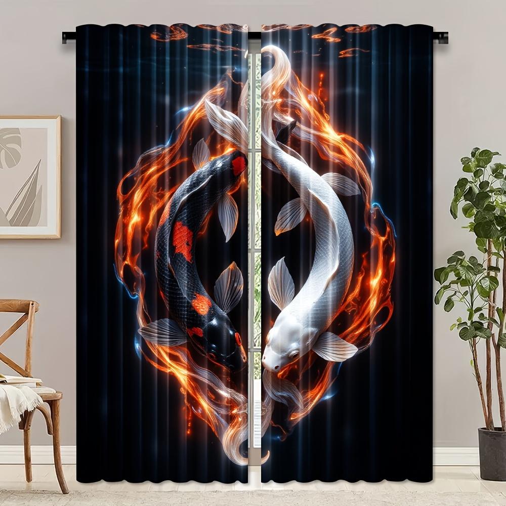 2 Stück   Feuriger Koi-Fisch Fantasy-Kunst Künstlerischer Druck Polyester Vorhänge Stangentaschen-Design Lichtfilternd für Schlafzimmer Wohnzimmer Aus
