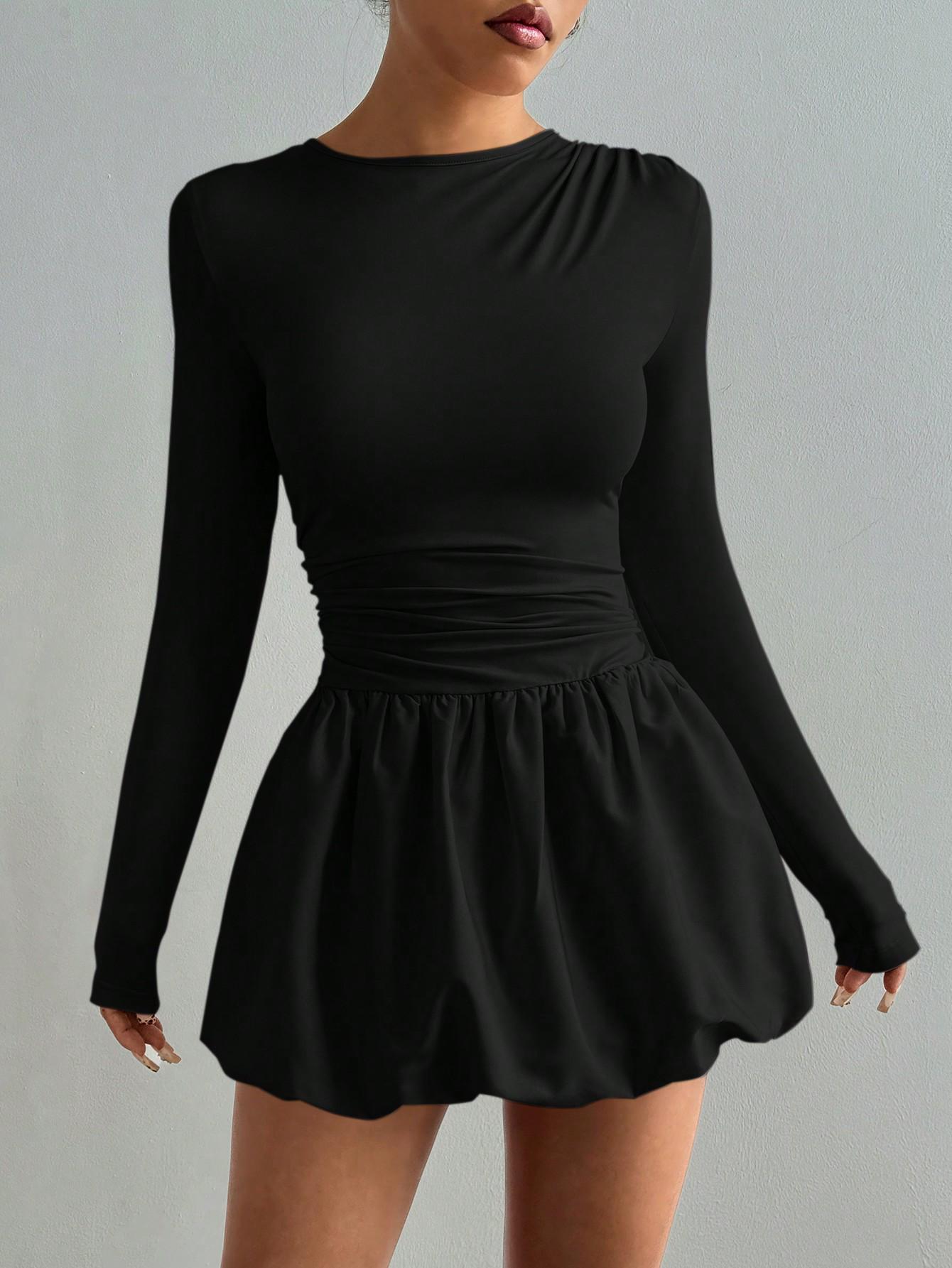 2025 Elegant European & American Slim-Fit Long-Sleeve Dress with Elastic Puffy Skirt for Women XL чёрный