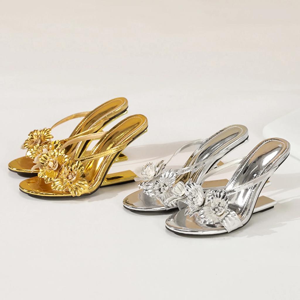 Fashion Eilyken Design Style Fretwork Heels Hollow Out Womens Slippers Summer Flower Square Toe Golden Silver Party Shoes