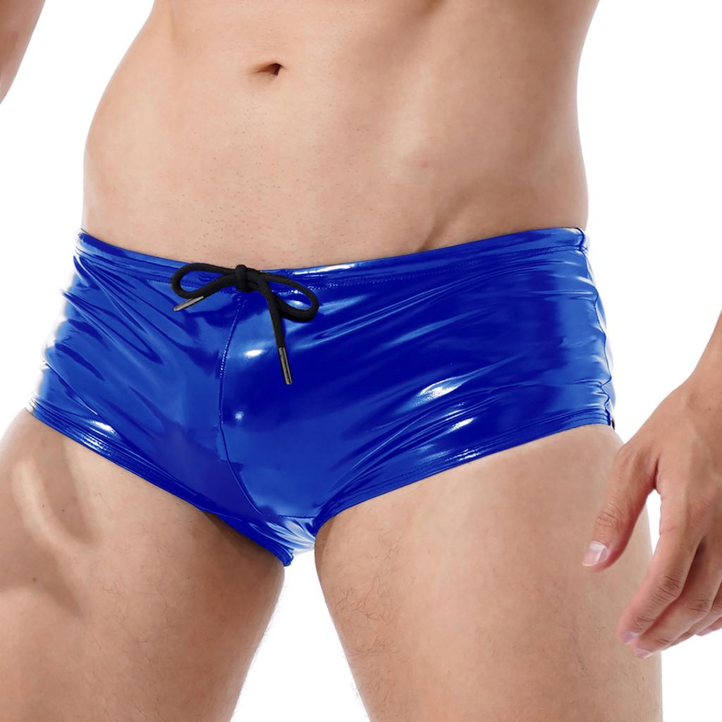 Patent Leather Boxer Men Lingerie Wet Look Panties Trunks Low Rise Sheath Fitness Drawstring Underwear Shorts Party Clubwear New