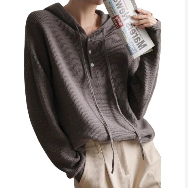 Women's Solid Wool Knit Hooded Sweater - Autumn/Winter Loose Slimming Pullover