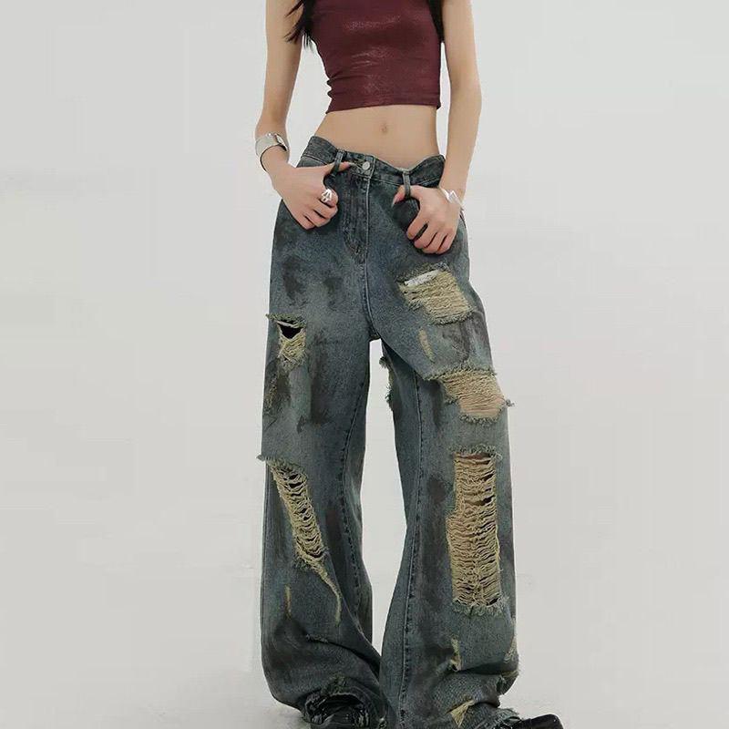 Women's High Waist Wide Leg Jeans Vintage Distressed Ripped Baggy Straight Leg American Plus Size Summer Denim Trousers