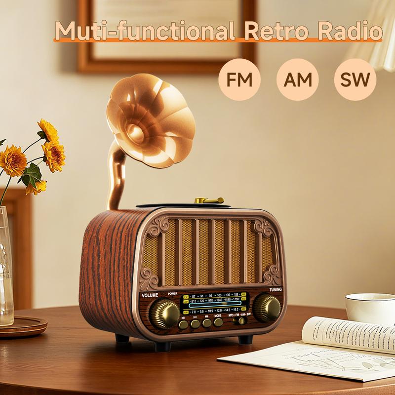 Multi-band Vintage Radio, Portable FM AM SW Radio, Wireless Music Streaming & TF Card Play, Retro Styling for Home/Garden marrone