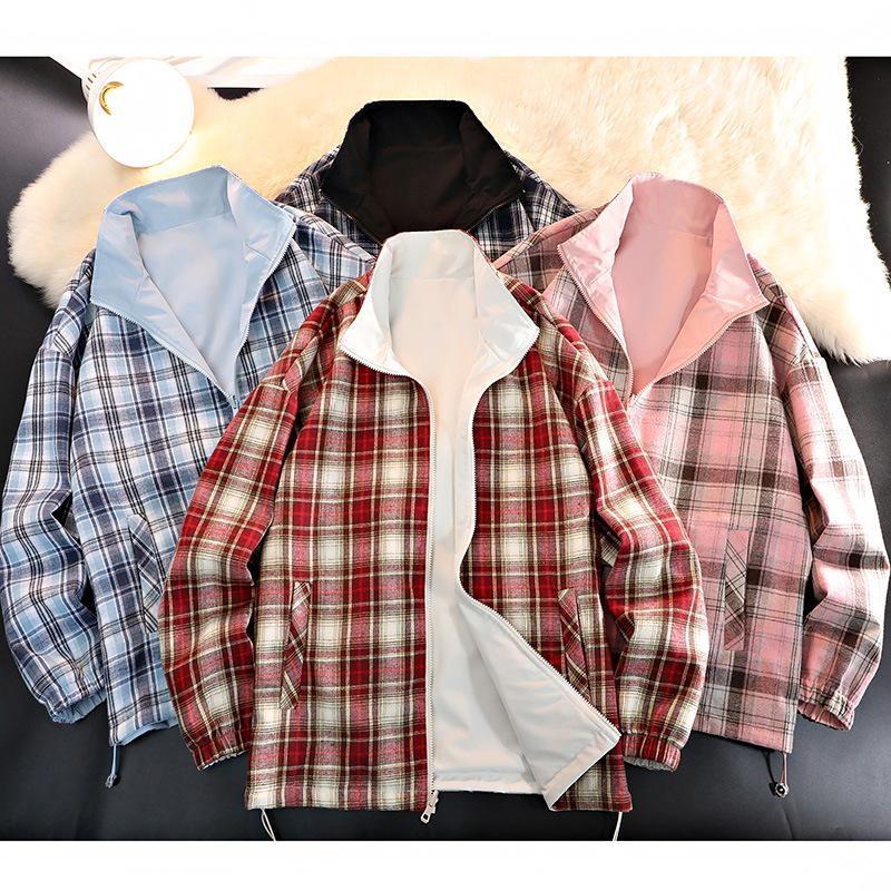 Trendy Cross-Lattice Double-Sided Spring/Autumn Cool Streetwear Jacket with Stand Collar