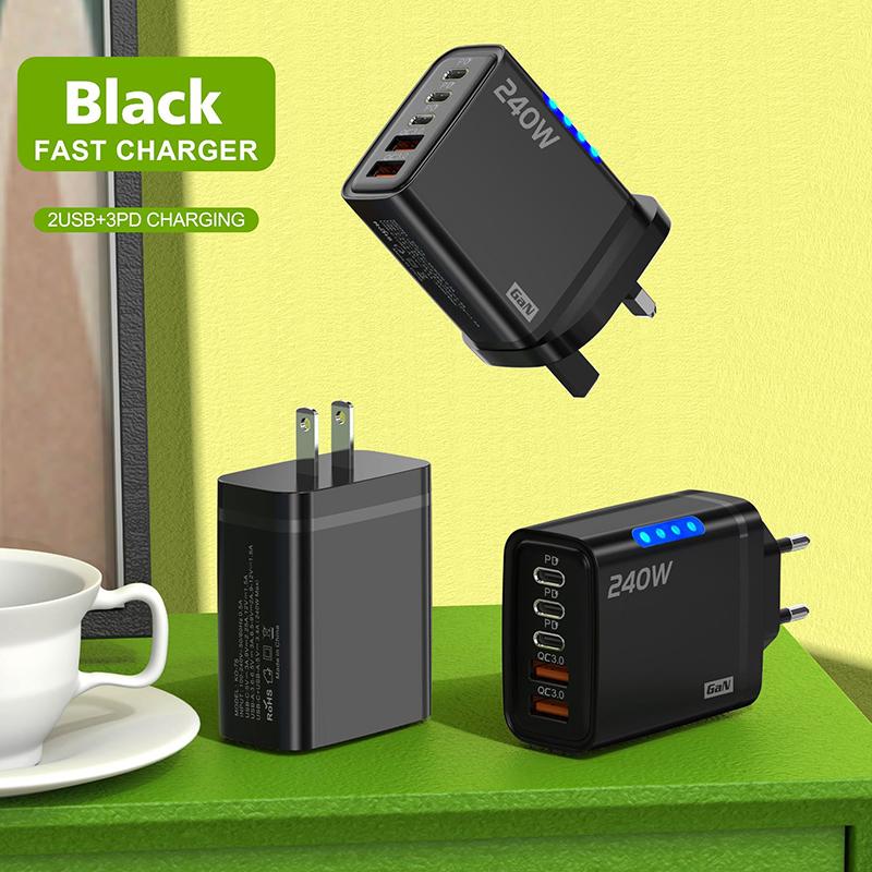 240W 5 Port GaN Fast Charging Adapter USB C PD QC3.0 Charger Portable for International Travel Multi Electronics Charging