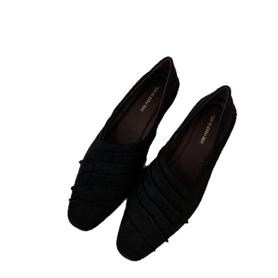 French pleated deep mouth single shoes women's 2025 autumn one-pedal square head suede loafers temperament youth fashion women's shoes