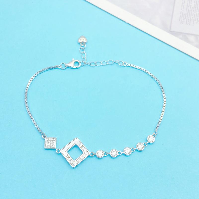 S925 Sterling Silver Geometric Rhombus Bracelet with Cubic Zirconia - Fashionable High-End Women s Jewelry 925 Silver