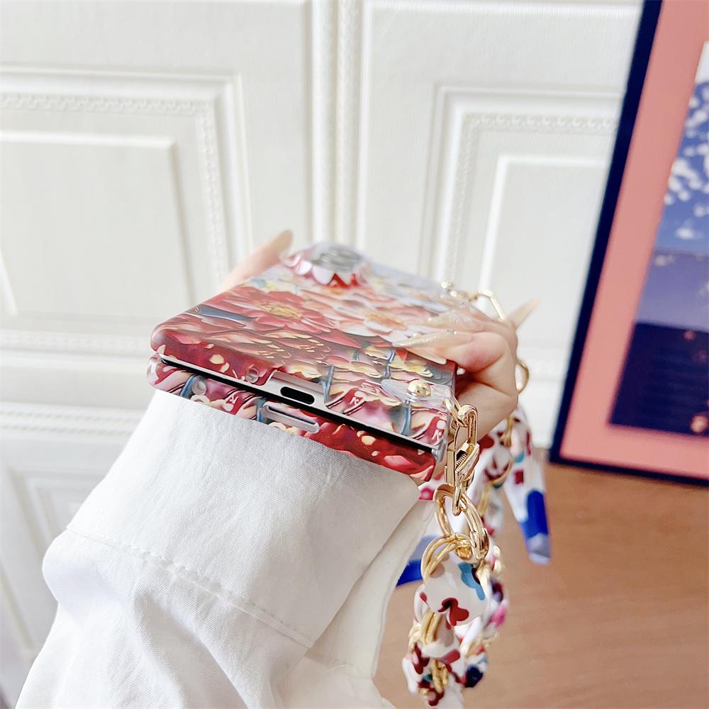 Relief Flower Phone Case For Samsung Galaxy Z Fold 7 5G Scarves Bracelet Hand Strap Protective PC Hard Shell Fold7 Back Cover