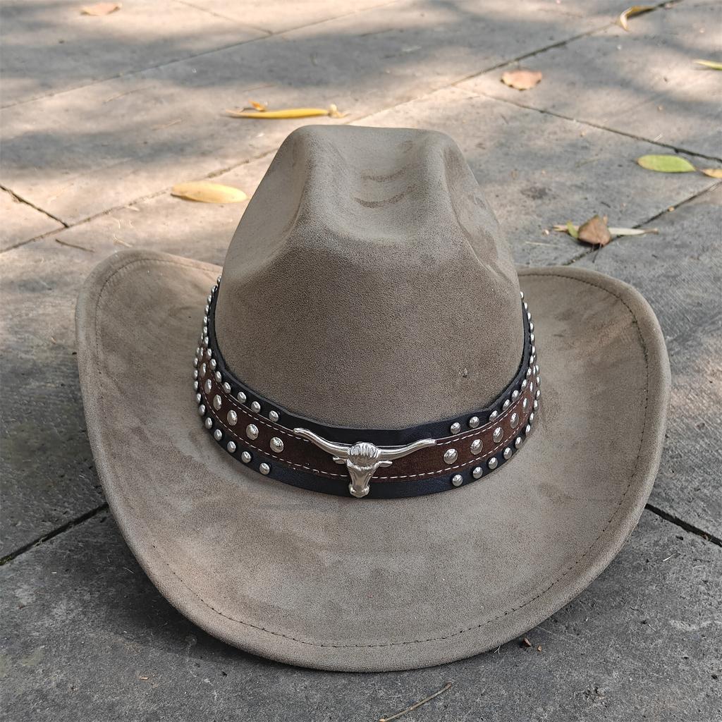 Retro Suede Leather Western Cowboy Fedora Hat For Men Women Bull Head Accessories Fashion Travel Party Hat Denim Hat Sombrero