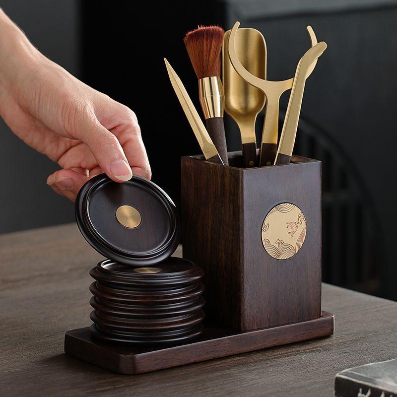 Black Ebony Wood Tea Coaster Set Heat Resistant Cup Mat Office Gongfu Ceremony Chinese Style Carved