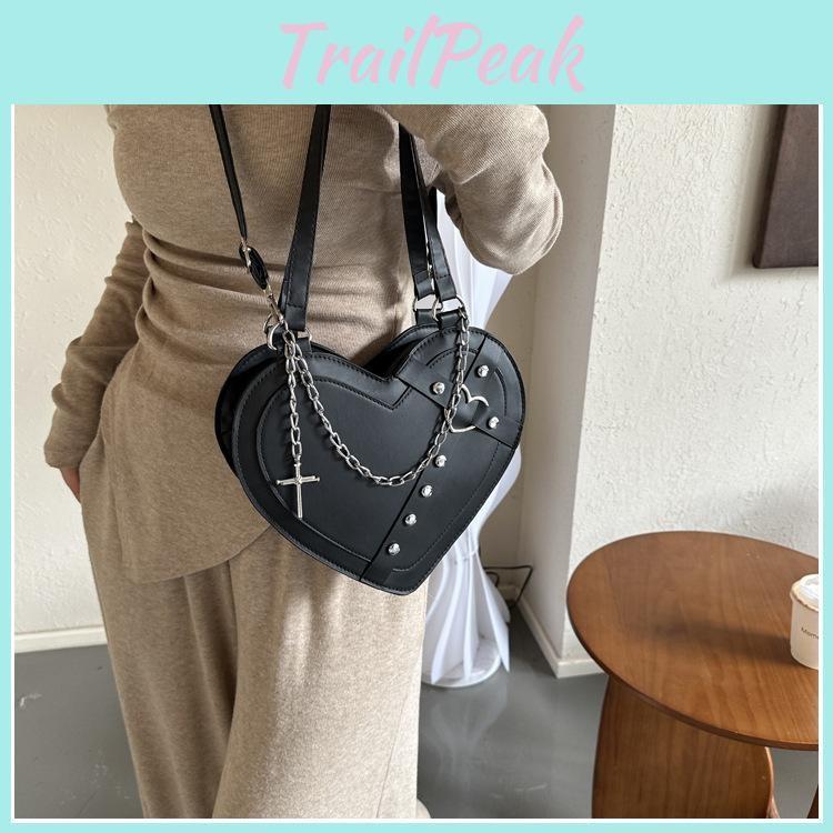Heart Pu Black Shaped Crossbody Bag With Rivets And Chain For Streetwear Fashion